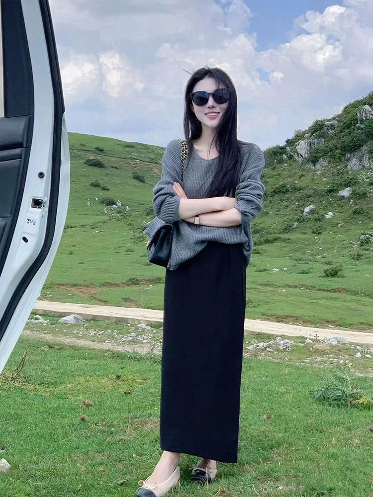 

Вязаная юбка А-силуэта средней длины с высокой талией, простая, стильная, для повседневной носки, модная, универсальная, свободного кроя