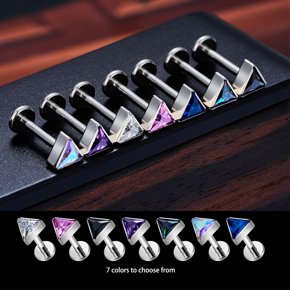 ASTM F136 Titanium EAR PIERC Triangle zirconia Paved Top Threaded Labret Studs Tragus Earrings Lip Tongue Stud Piercing Jewelry