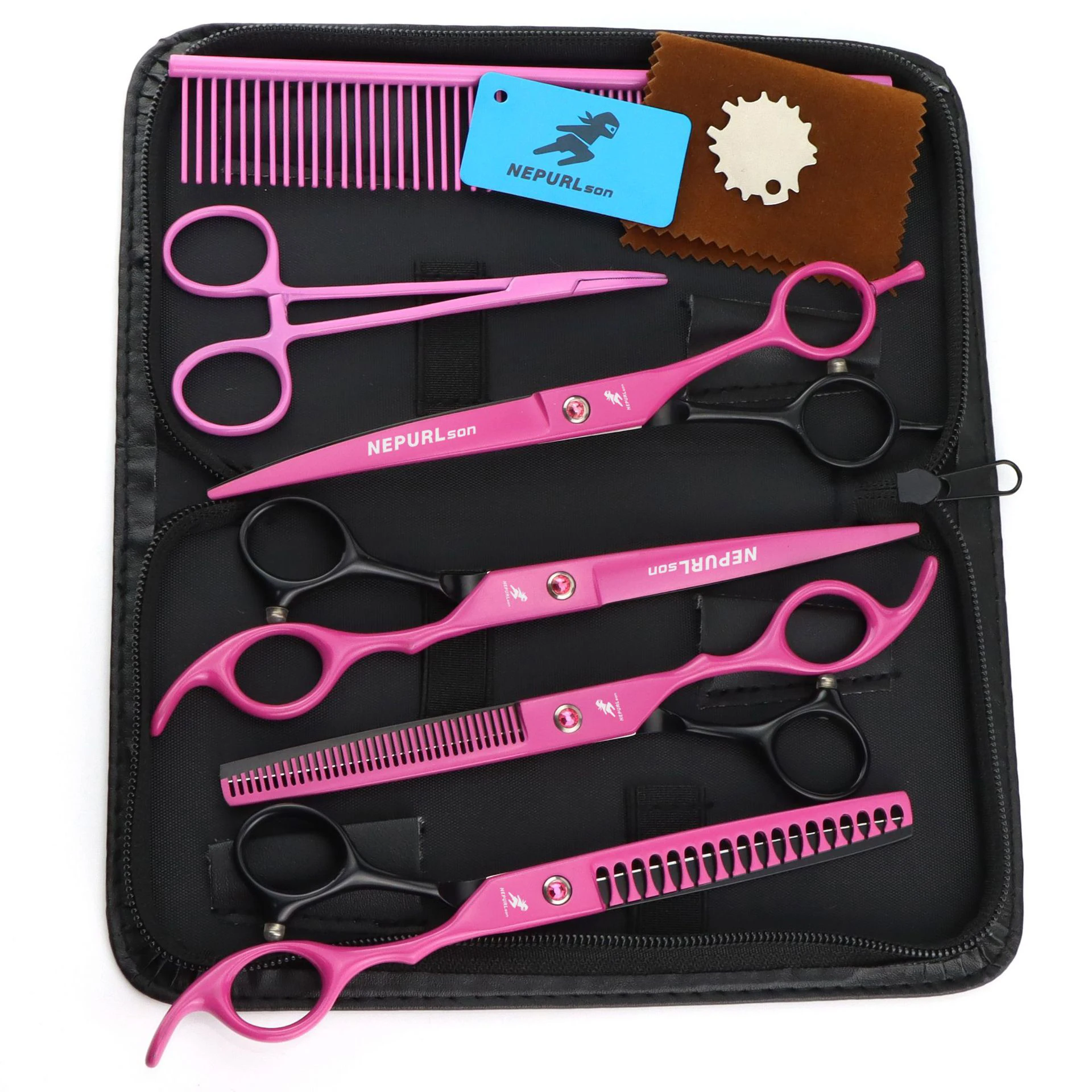 

Dog Grooming Scissors Japan Stainless 6.5" 7" Pet Scissors Pink&Black Down Curved Scissors for Groomer 1Set Thinner Chunker