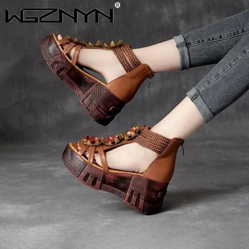 2023 Retro Summer Women Flowers Sandals Genuine PU Leather Open Toe Shoes Casual High Heel Wedges Platform Sandals Woman