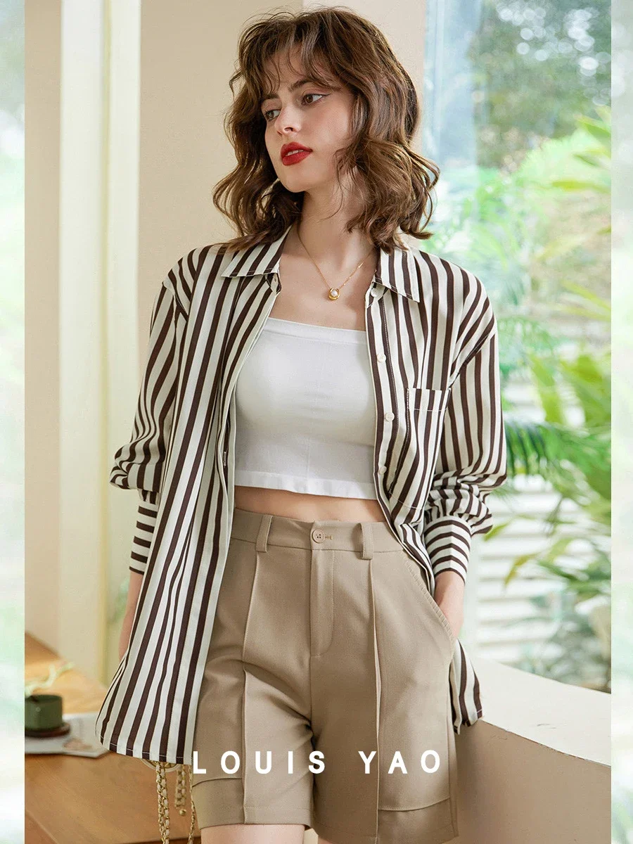 

LOUIS YAO Women Turn Down Collar Blouse 2024 Spring Striped Shirt Loose Fit Fashion Casual Long Shirt Top