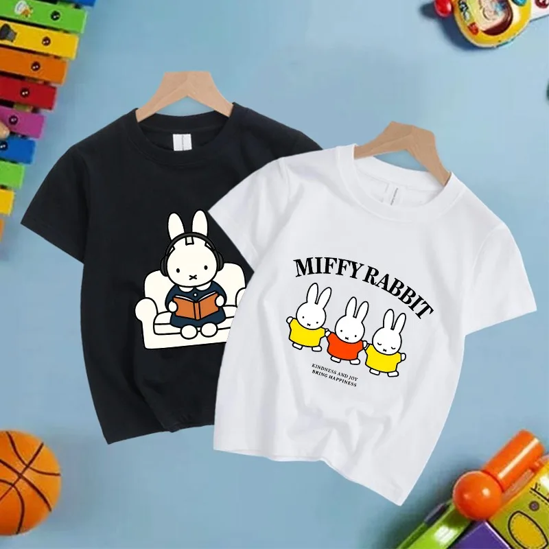 Miffy Unisex T-shirts Cartoon Anime Pattern Printed Short Sleeves Summer Comfortable and Breathable Clothes Cotton T-shirt Gifts