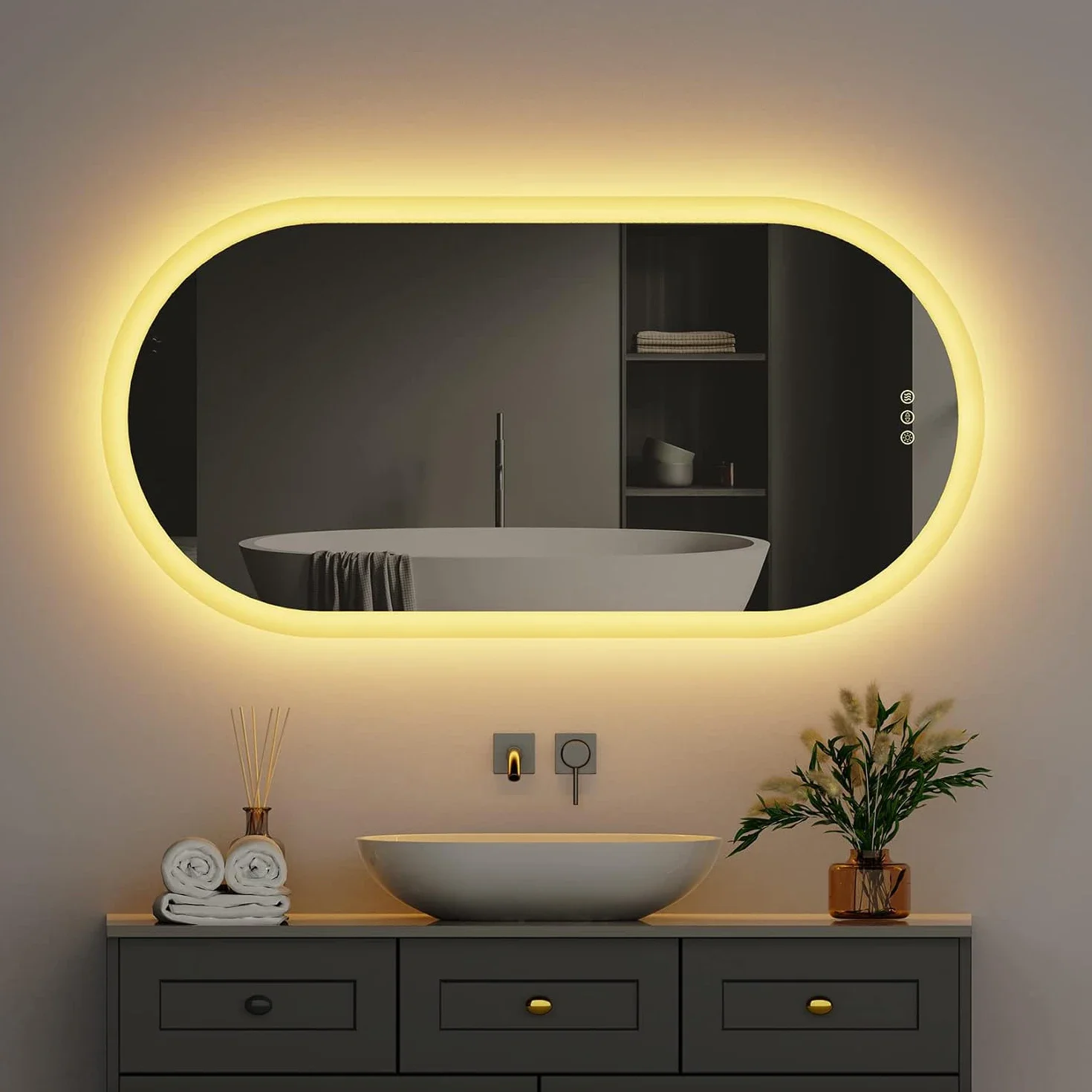 Smart Bathroom Mirror HD LED Tricolour Strip Oval Touch Screen Mirror with Demist Function Customisable Size