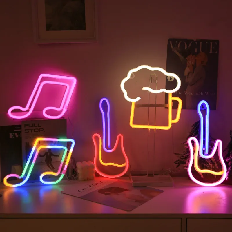 Neon Sign LED Music Note Neon Light Battery/USB Powered Colorful Neon Lamp Wall Mounted Music Bar Nightlight Decorative Table