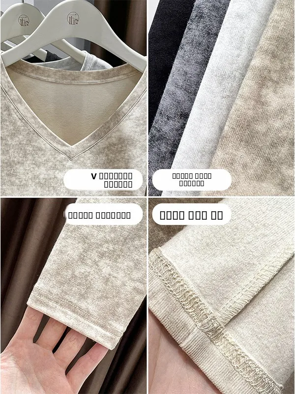 Damska długa bluzka z dekoltem w serek, imitacja futra, barwiona, bazowa bluzka, jesienno-zimowa odzież wewnętrzna i zewnętrzna, ciepła, dopasowana, w stylu koreańskim.