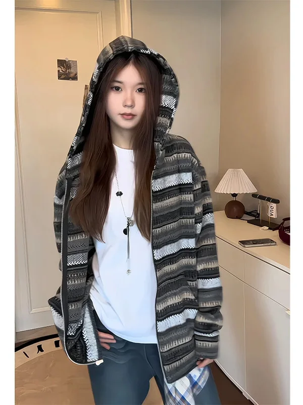 

Retro Striped Open Cardigan Men's Lazy Sle Hooded Jaet Autumn Trendy Couple's Woolen Top Polyester Cotton Recycled Fiber