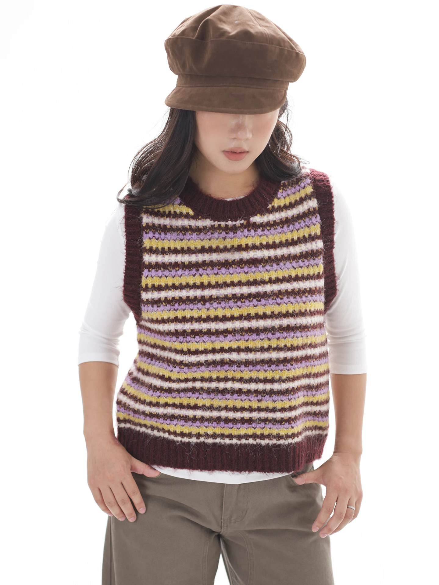 

Ohmyloli round Ne Rainbow Color Thiened Long Velvet Autumn Winter Knitted Vest Women's Faion Commute Sle No Button De...