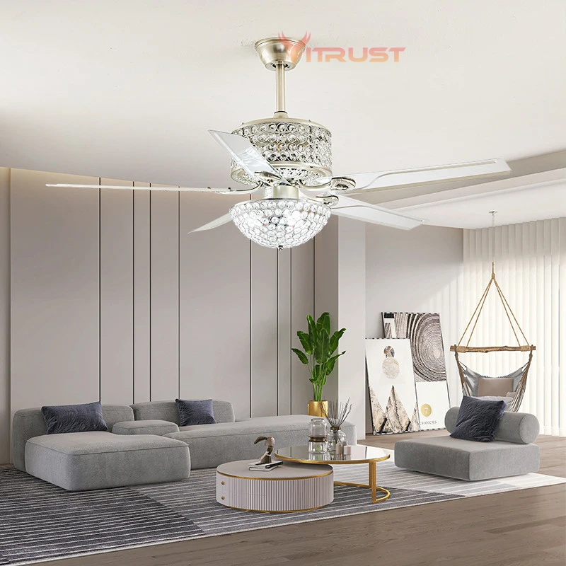 Tuya Smart Crystal Ceiling Fan LED Light Gold Chrome Strong Wind Ceiling Fan Lamp Bedroom Living Room 42in 52Inch Remote Control