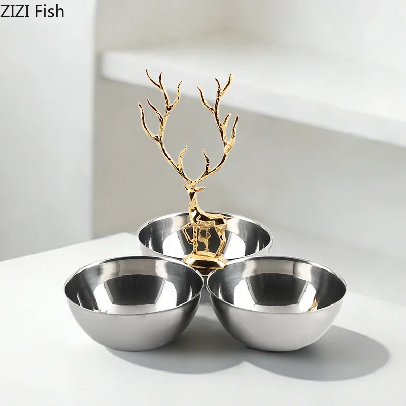 Stainless Steel Three Grid Decorative Bowl Storage Tray Coffee Table Snacks Plates Household Fruit Plate Home Decorative Trays