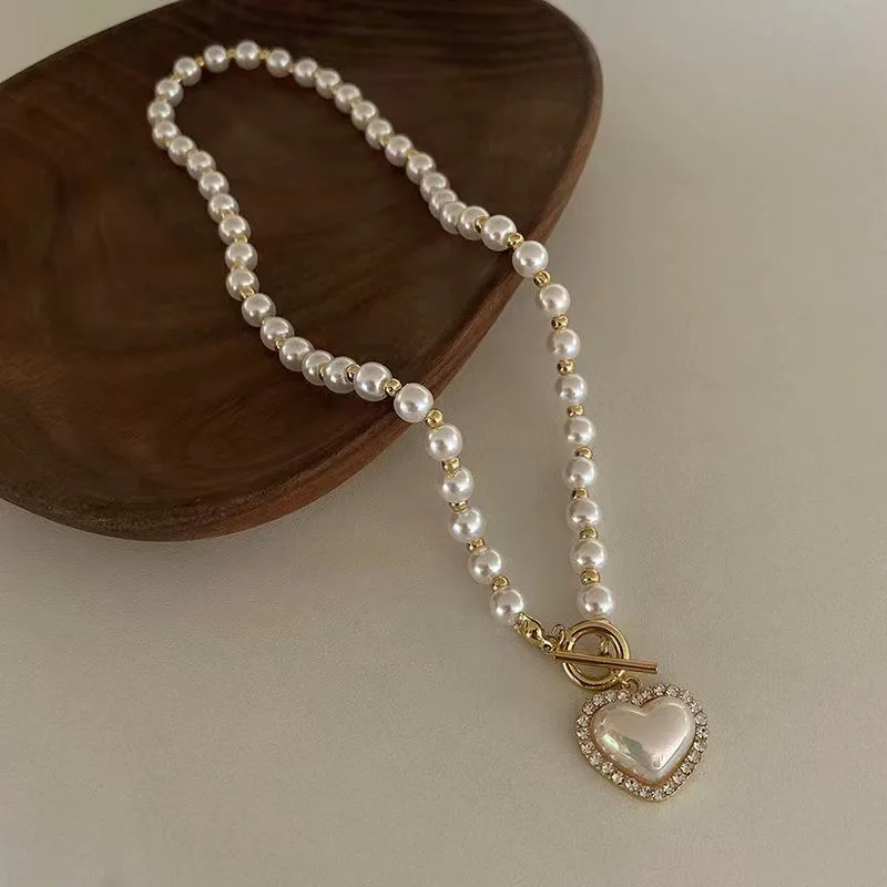 Instagram New Super Immortal Style Imitation Pearl Love Necklace Cool And Sweet Ot Buckle Collar Chain Women