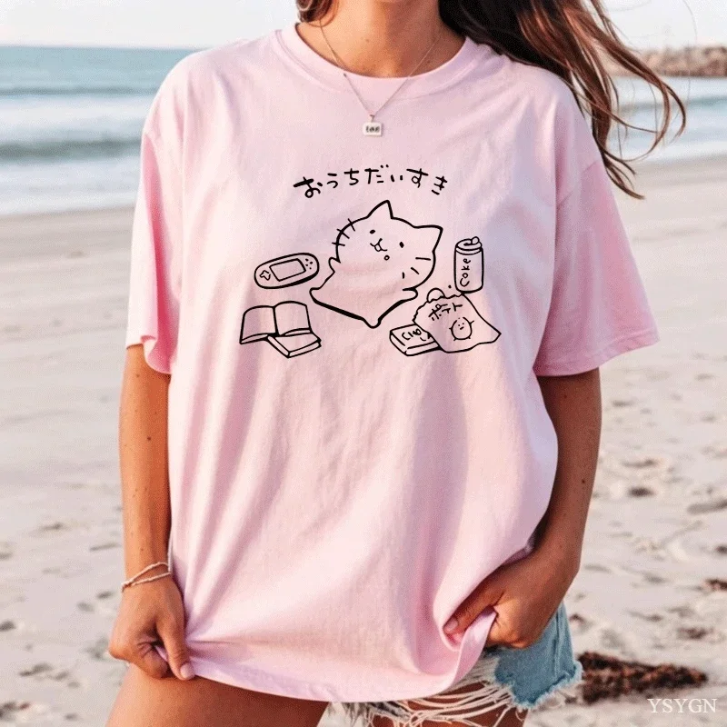 Japanese Style No Plan Cat Print T-shirt for Men Women Funny Cotton Short Sleeve Summer Loose Tshirt Kawaii Kitty Cat Lover Tees