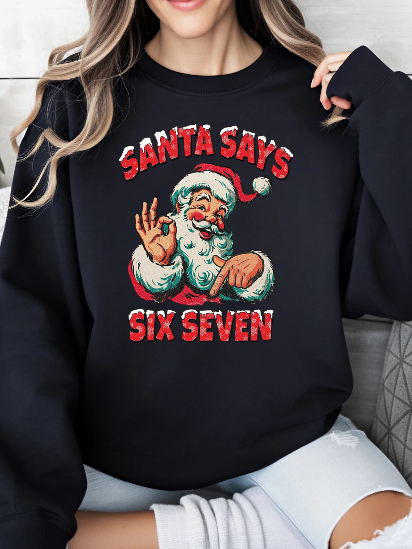 

Santa Says Six Seven Рождественский свитшот с принтом Женская праздничная повседневная одежда черного цвета больших размеров