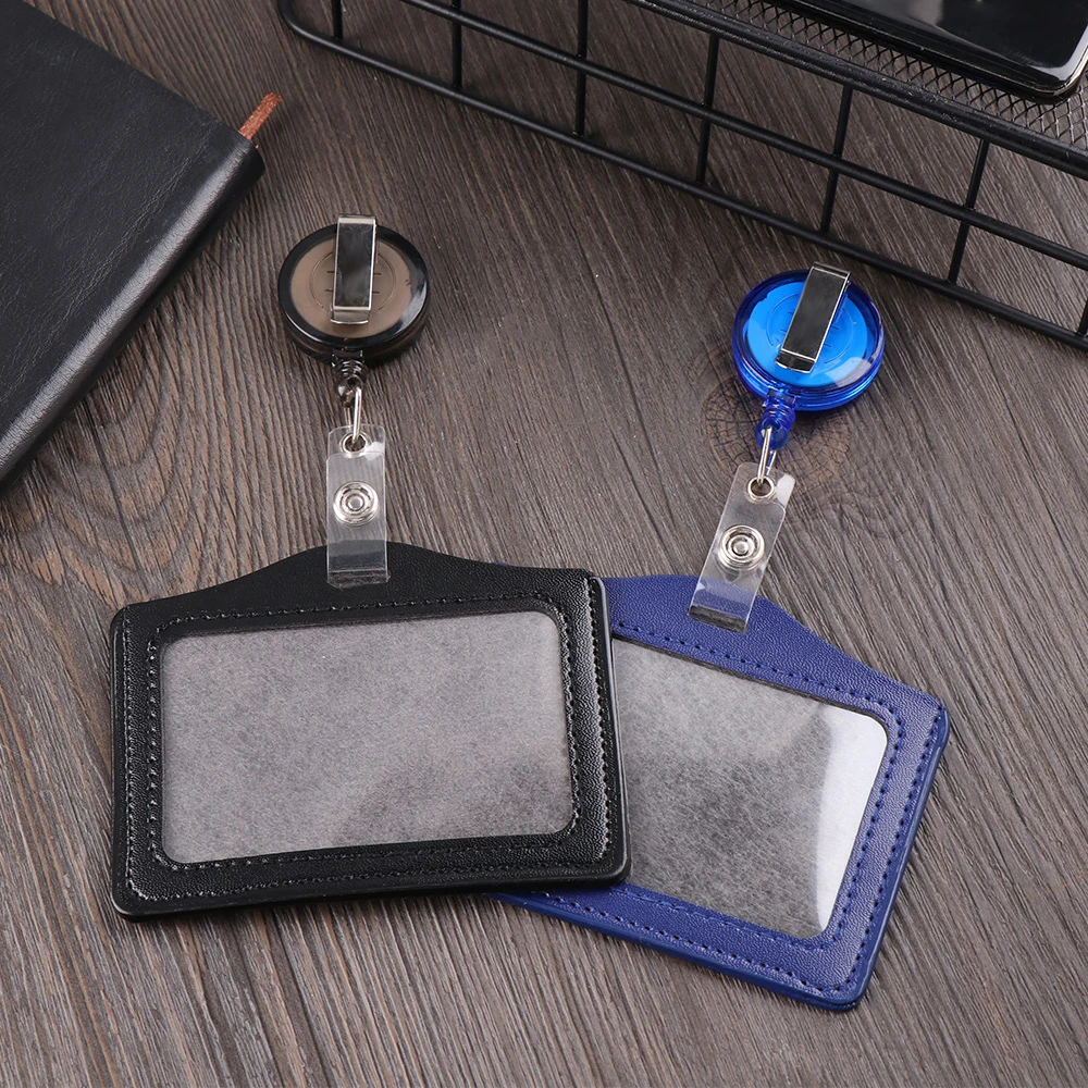 Business Card PU Leather Card Holder Clip Horizon Style Retractable Badge Reels Name Card Holder Nurse Doctor ID Badge Holder