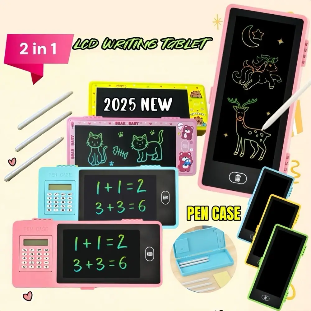 Cartoon with LCD Screen Pencil Case Erasable Drawing Board with Calculator Stationery Box 3-in-1 Cute Pen Bag School Office