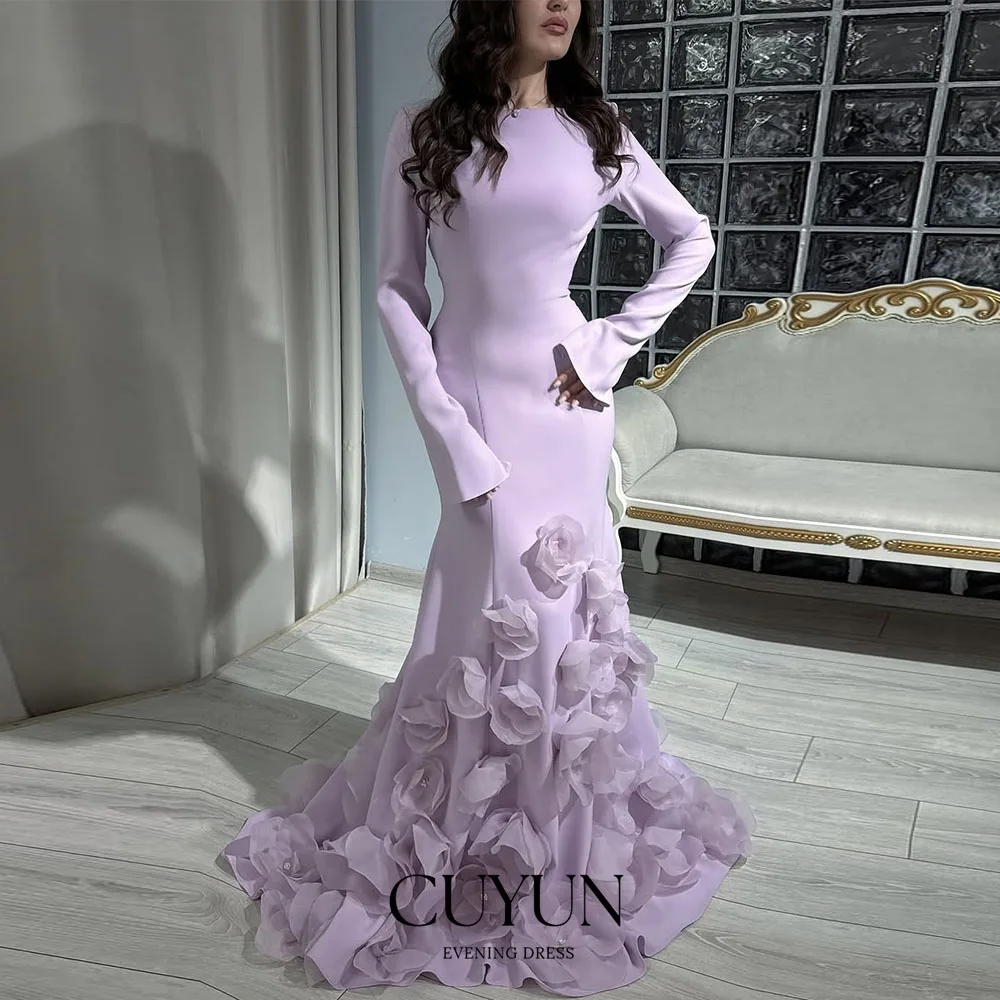 

CUYUN Lavender Saudi Dubai Luxury Evening Dresses Modest Long Sleeves Handmade Flowers Party Dresses Customized Formal Gown