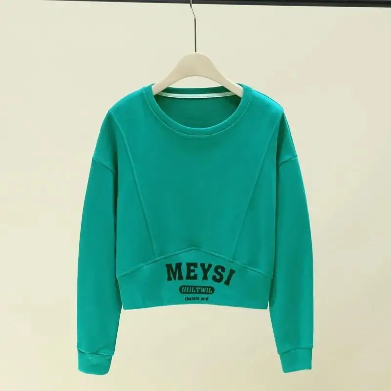 Autumn Solid Color Printing Letter Sweatshirts Women New Long Sleeve O-collar T-shirt Patchwork Screw Thread Short All-match Top