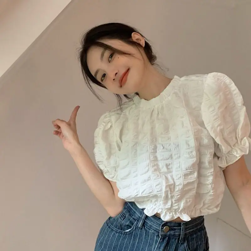 Folds Shirts and Blouses Korea Ruffles Fashion Woman Blouse 2024 Short Sleeve Ladies Top Female O-neck Casual Clothes 2024 New