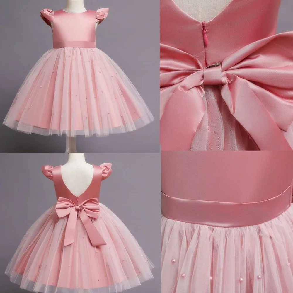 Fashion Red Pink Children's Bow Princess Dress‌ Tulle Backless Girls Puffy Dress Big Bow Flower Girl Dress Wedding Gown