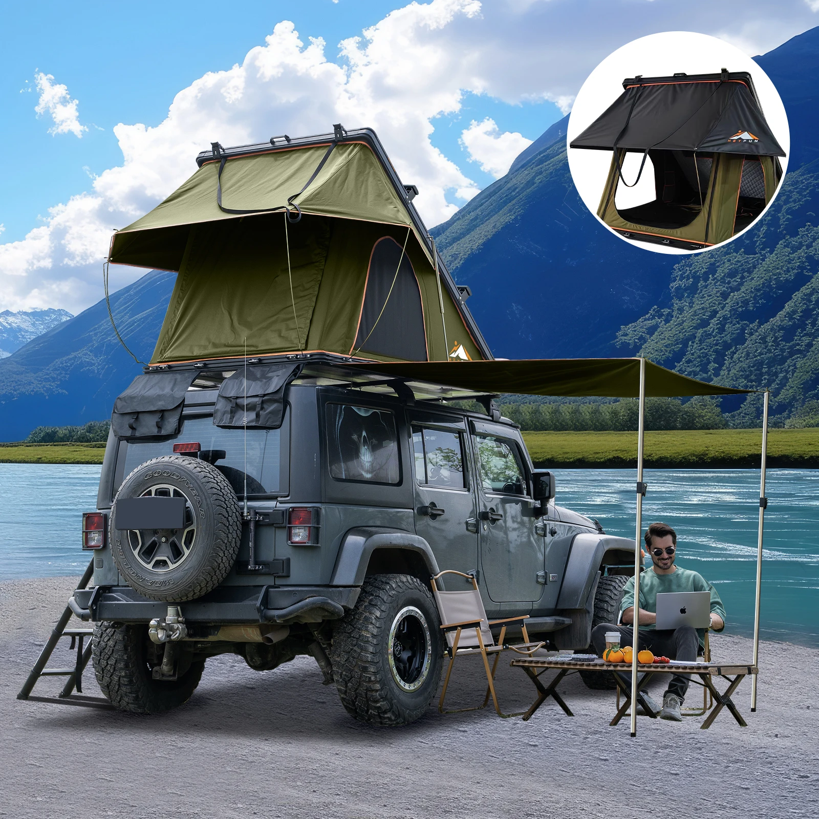 Adventurer Plus Rooftop Tent Hardshell with Side Awning, Air Conditioner Outlet with Bracket & Replaceable Rain Flies