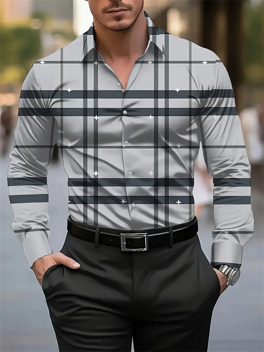 

Men's New Spring And Autumn Button Down Shirt Check Print Long Sleeve Luxury Shirt Flip Lapel Oversized Outdoor Street Shot Tops