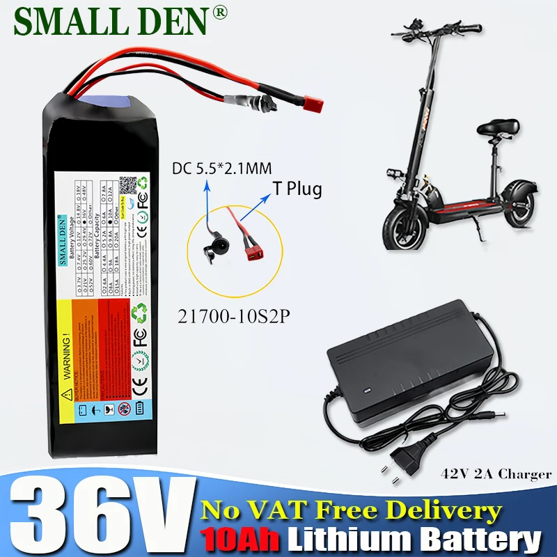 

36V 10A Li-ion Battery Pack + 42V 2A Charger 21700 10S2P 10000mAh 0-500W Electric Battery with Built-in 15A BMS. scooter.