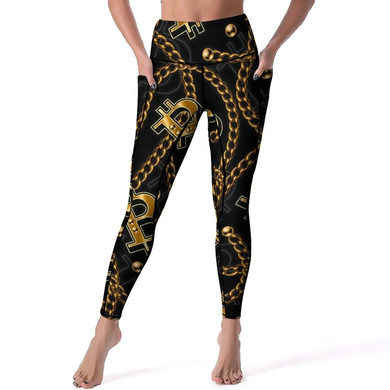 

Gold Chain Leggings Shiny Bitcoin Sign Gym Yoga Pants High Waist Stretchy Sports Tights With Pockets Elegant Graphic Leggins