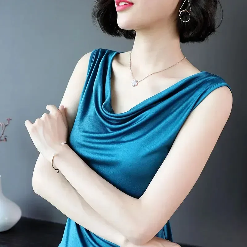 Elegant Cowl Neck Satin Tank Tops Women Fashion Sleeveless Blouses Casual Solid Color Party Tunic Tops 2024 Summer Blusas