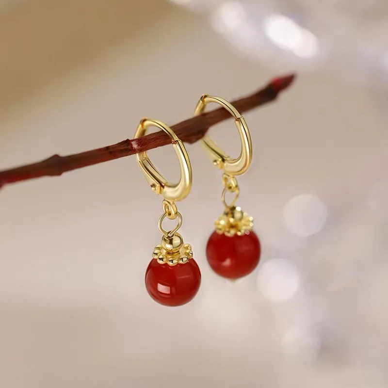 

Real 925 Sterling Silver Red Bead Pendant 14K Gold Stud Earrings For Women Cute Fine Jewelry Small Niche Luxury Accessories