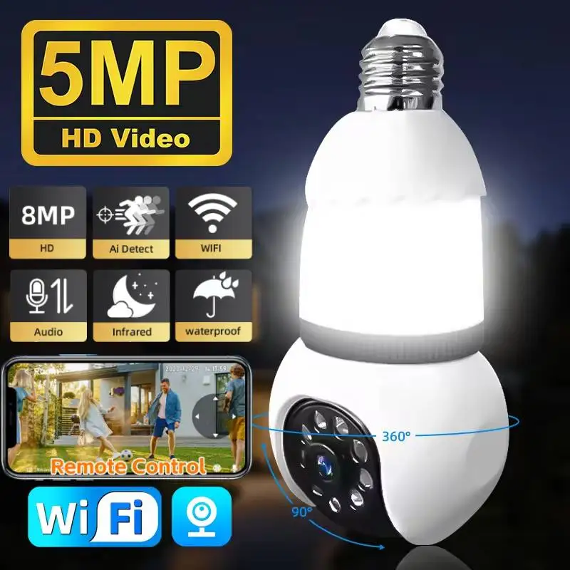 camera ip sem fio inteligente com wi fi lampada de 5mp lampada e27 wi fi led ptz rastreamento de zoom 8x audio bidirecional visao noturna camera de vigilancia 01