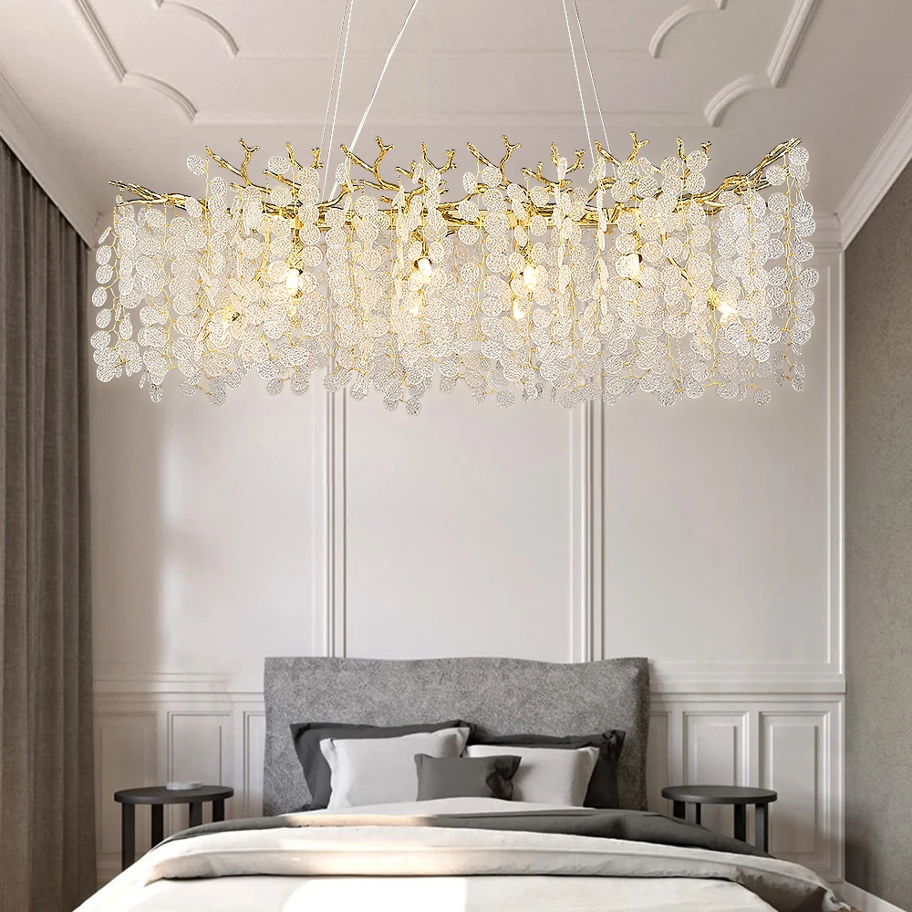 Modern Crystal Chandeliers Gold Money Tree Branch Pendant Lighting Round Ceiling Light Fixtures For Living Room Bedroom