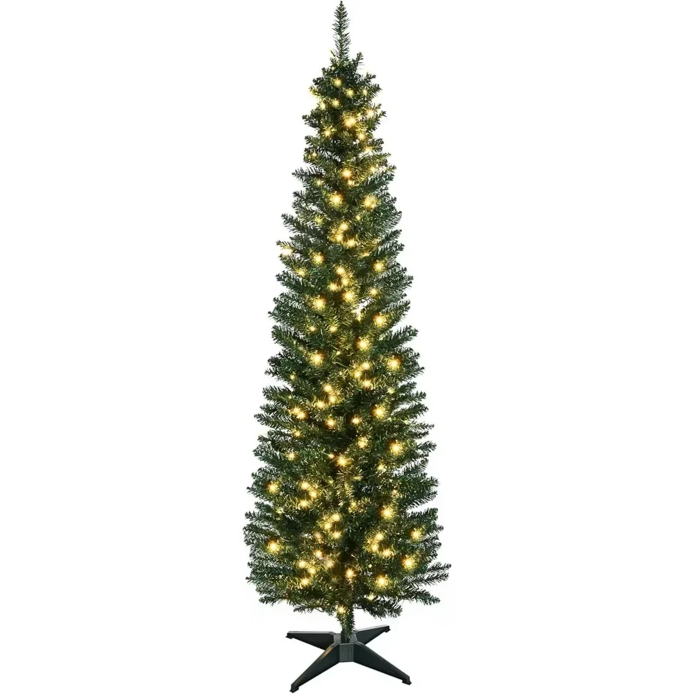 

6' Tall Pre-Lit Slim Noble Fir Artificial Christmas Tree with Realistic Branches, 200 Warm White LED Lights and 390 Tips, Green