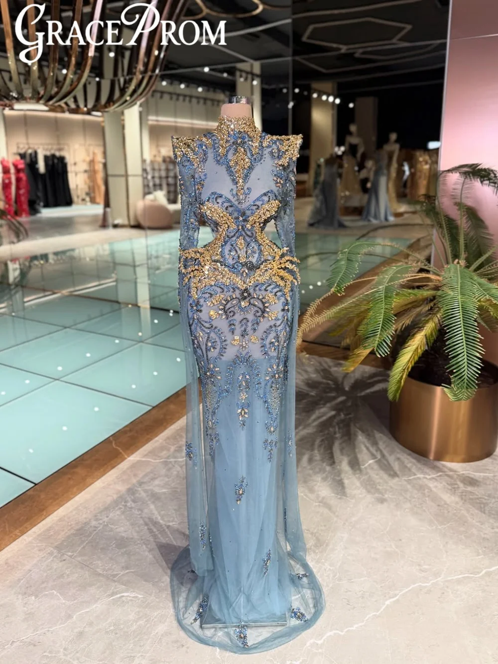 Golden Crystal Elegant Evening Dress Heavy Beaded Illusion Long Wedding Party Gown Customized Gorgeous Mermaid Prom Dresses