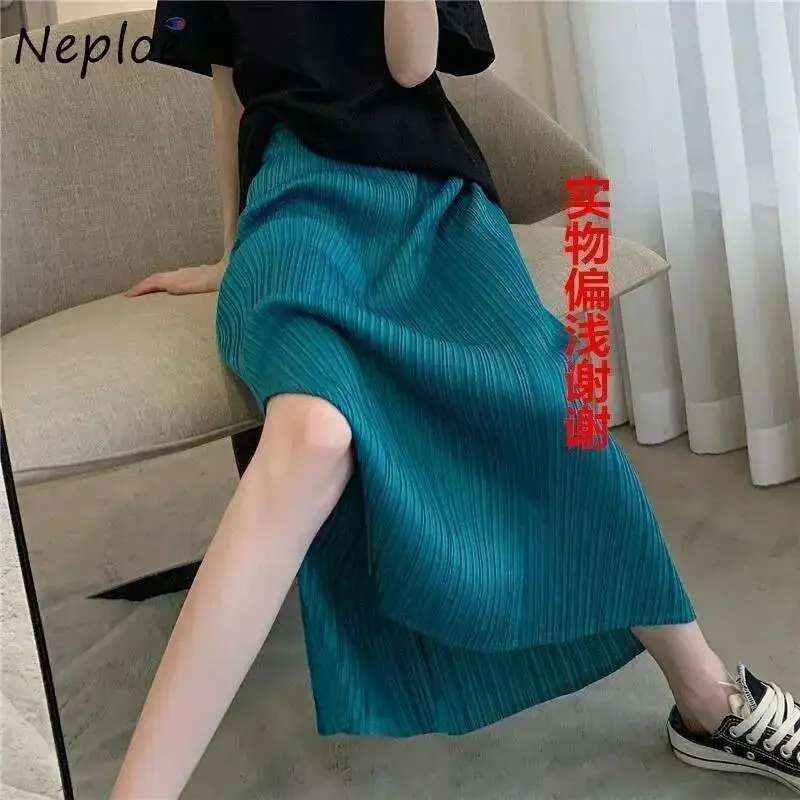 BabYoung wysokiej talii jednokolorowa wąska spódnica koreańskie lato modna prosta na wszystkie mecze Jupe rozcięcie plisowany projekt Sense Mujer Faldas