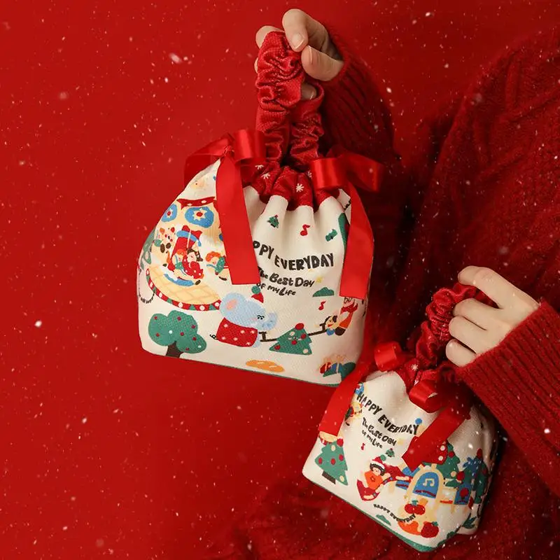 Handheld Christmas Eve Apples Gift Box Portable Canvas Christmas Gift Apples Candy Drawstring Bag for Christmas New Year Party