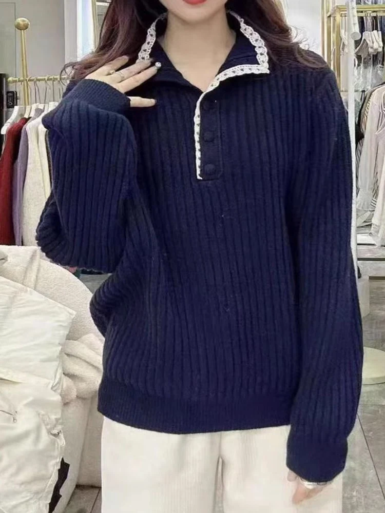 

Women Stand Neck Button Up Pullovers Autumn Winter Loose Sweaters New Long Sleeves Thick Warm Female Oversized Knitted Jumper