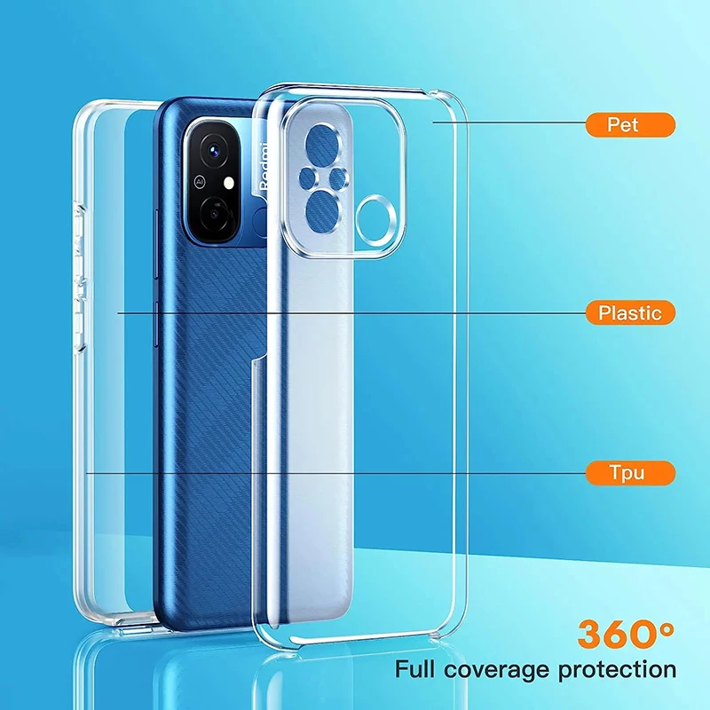 360 Full Cover Silicone Case For Xiaomi Redmi 12C Redmi 13C 10C 9A 9C 9 8 8A Redmi Note 8 9 10 11 12 Clear Hybrid PC Hard Coque