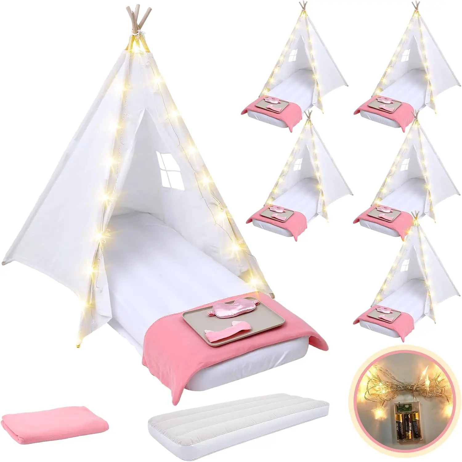 Windyun 6 Pack Kids Teepee Tent for Slumber Party Sleepover Tents for Girls Party with Air Mattress, Star Lights, Blankets Trays