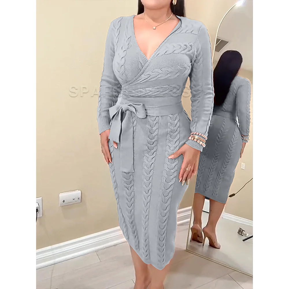 Vestido feminino de malha texturizada com decote em V profundo, manga comprida, cintura justa, comprimento midi, casual, elegante, outono inverno, para uso diário