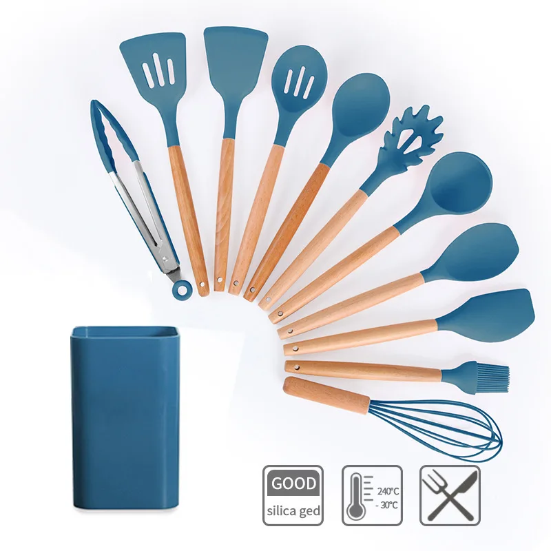 

Wooden Handle Silicone Spatula 11 Sets of Kitchenware Square Storage Bucket Kitchen Kitchenware Non-stick Pan Kitchen Tools