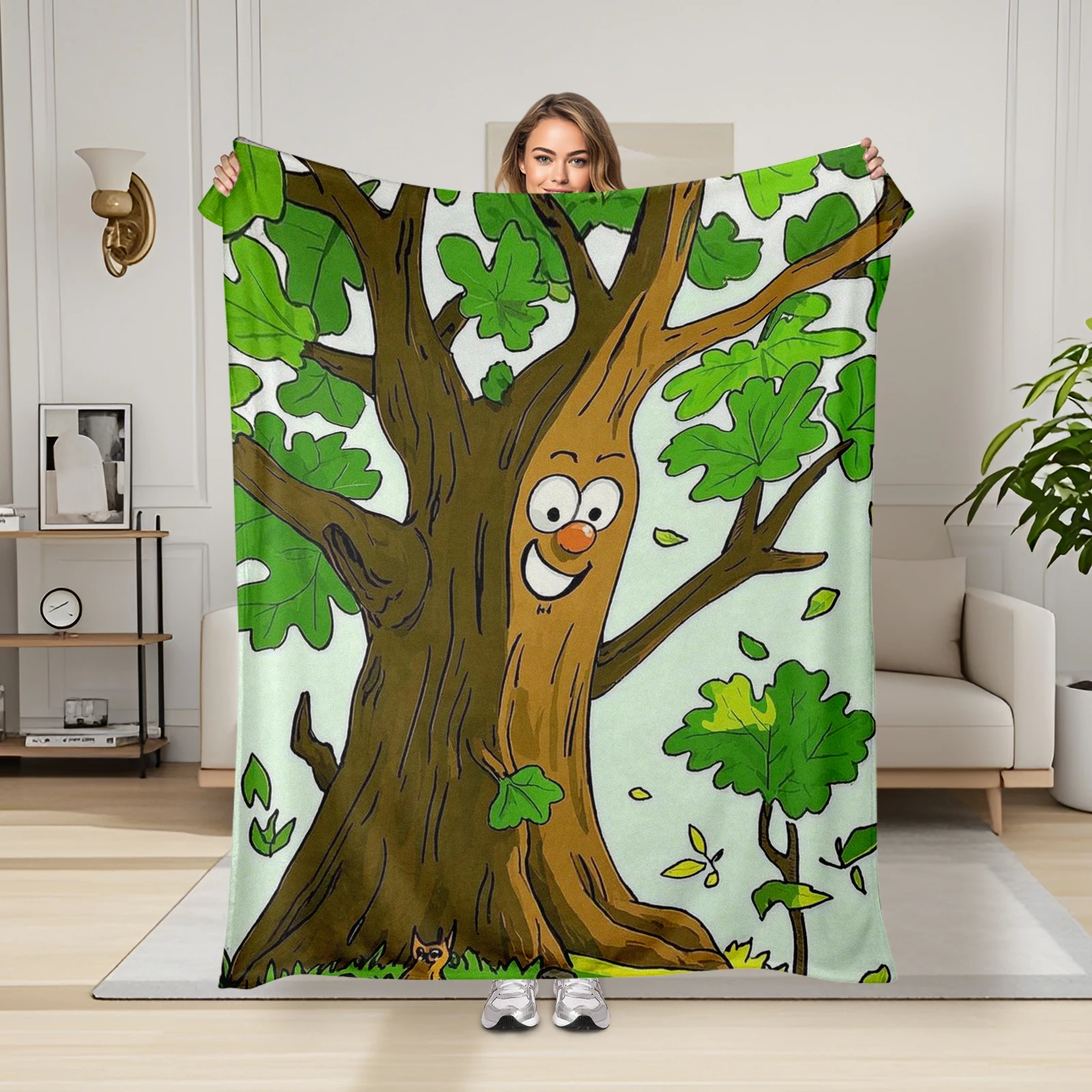 Cartoon Personified Oak Tree Blanket Brings Fun And Warmth Ideal For Family And Friends Gifts