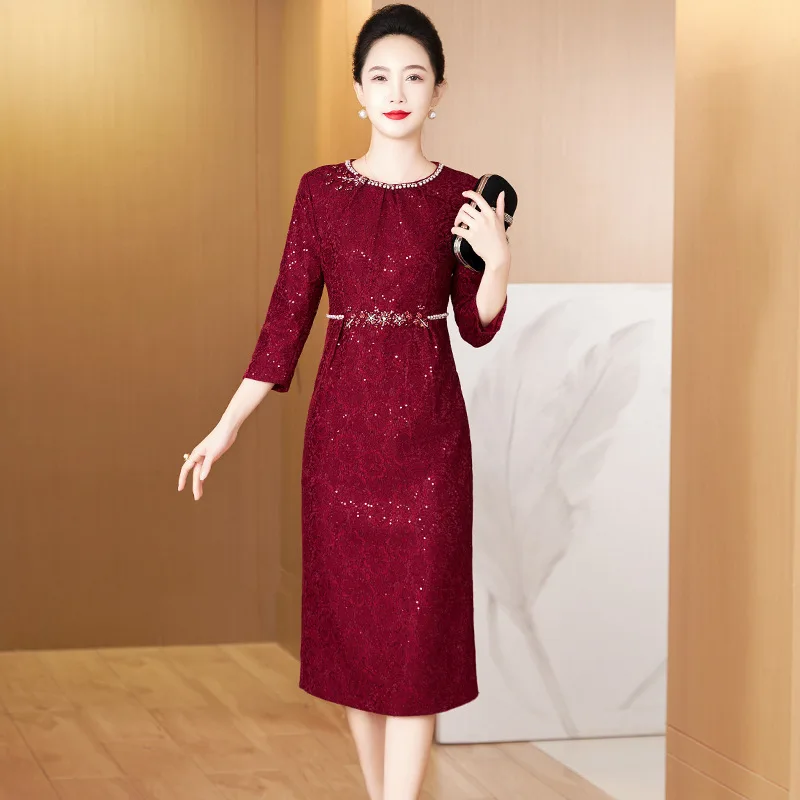 

2025Popular Autumn New Wine Red Western Style Slim Fit Xi Mother-in-Law Dress for Middle-Aged and Elderly Married Daughter Weddi