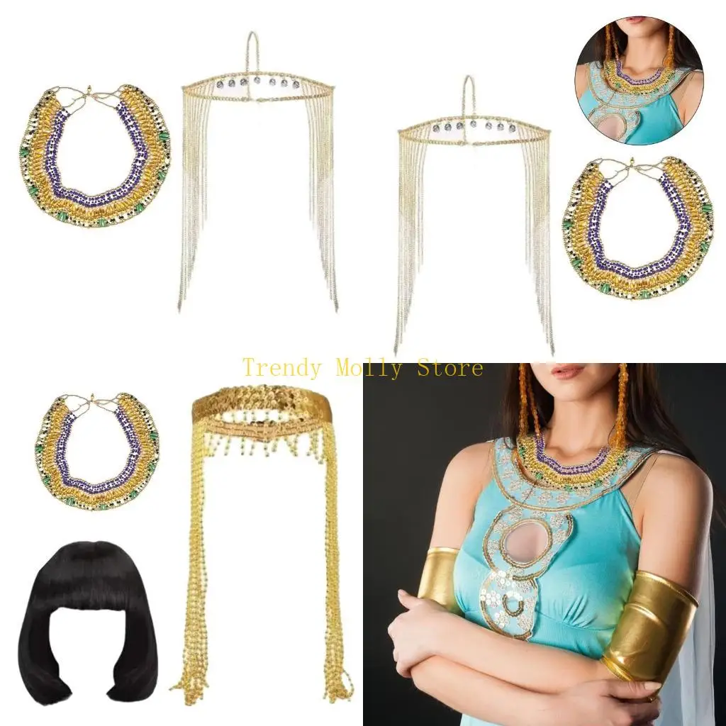N5KB Egyptian Dress Up Accessories for Women, Head Chain, Snake Bracelet, Necklace