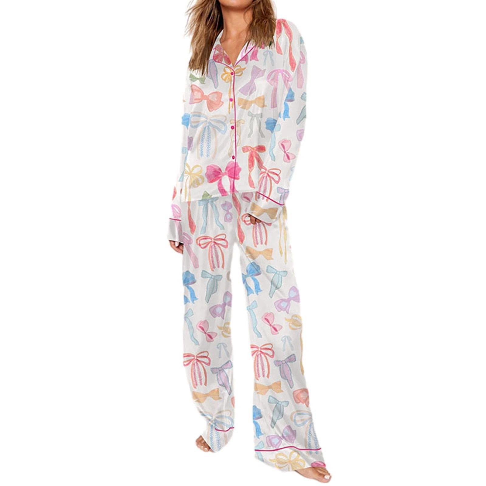 Women\'s Pajama Sets Loungewear Set Cartoon Print Long Sleeve Lapel Button Shirt with Elastic Waist Pants 2 Pieces Sleepwear