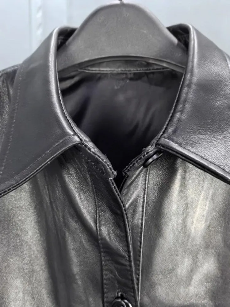 ファッション女性ルーズフィットチェック柄スプライシングシープスキン本革ジャケットボーイフレンドスタイルシングルブレストミッドロングコートストリート