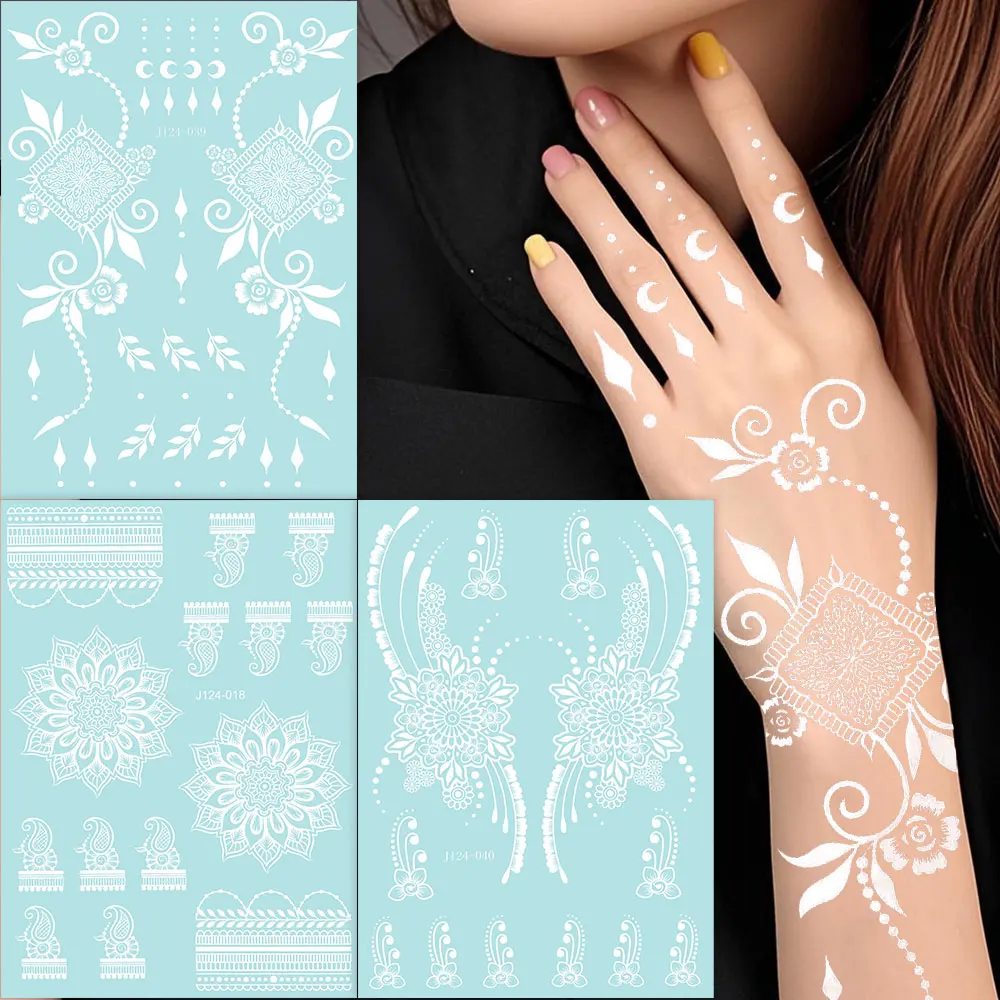 White Henna Tattoos for Women Flower Temporary Tattoo Sticker for Hand Body Art Sticker Henna Transfer Tattoo Wedding