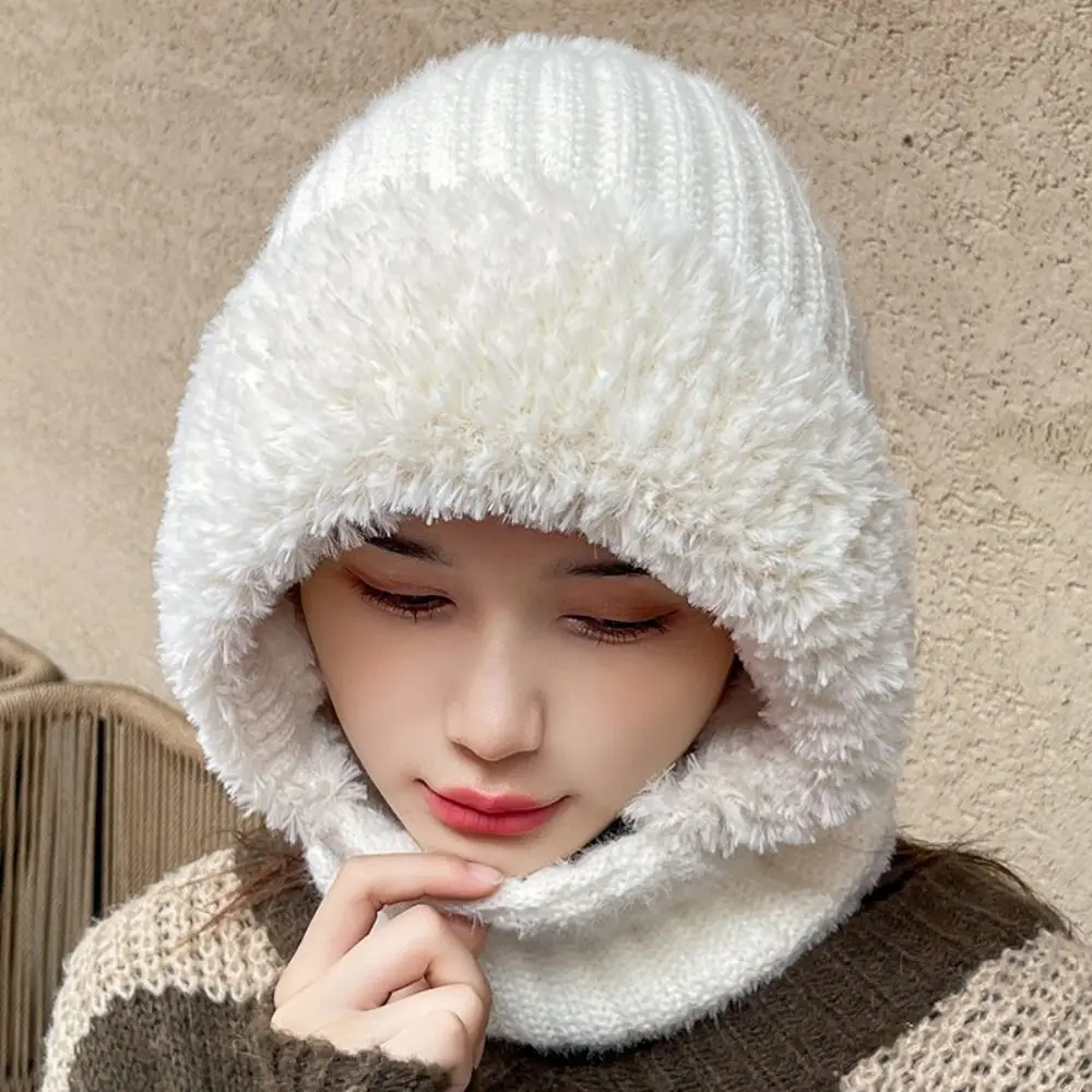 Casual Winter Warm Fleece Lined Knit Hat Plush Thermal Cashmere Fur Beanies Cap Windproof Neck Warm Integrated Pullover Hat