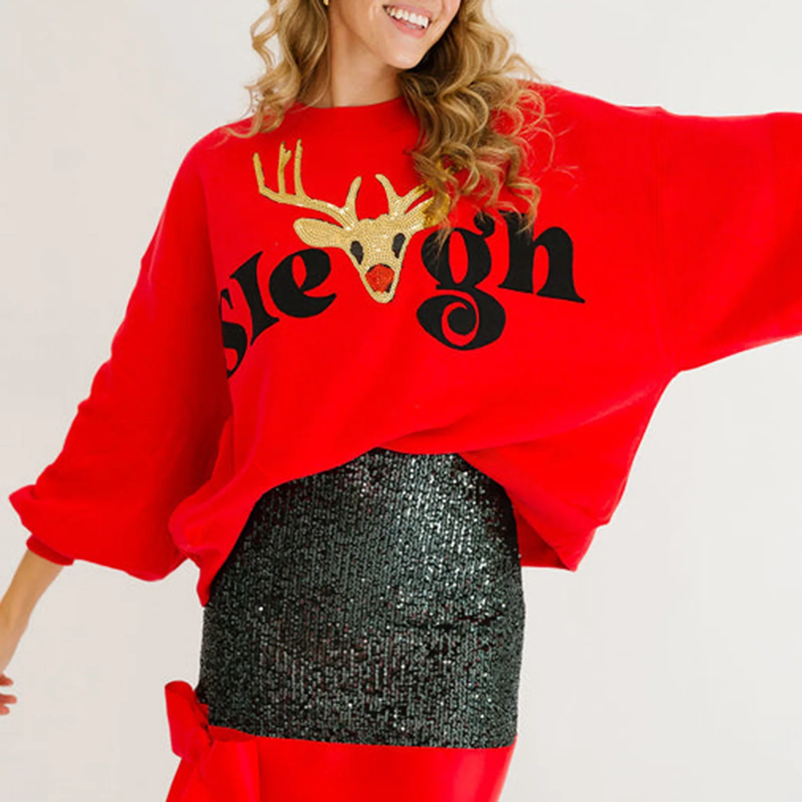 Women's Christmas  Sweatshirts Fashion Loose Pullover Sparkly Hoodies Rhinestone Letter Print Long Sleeve Crew Neck Sweatshirt