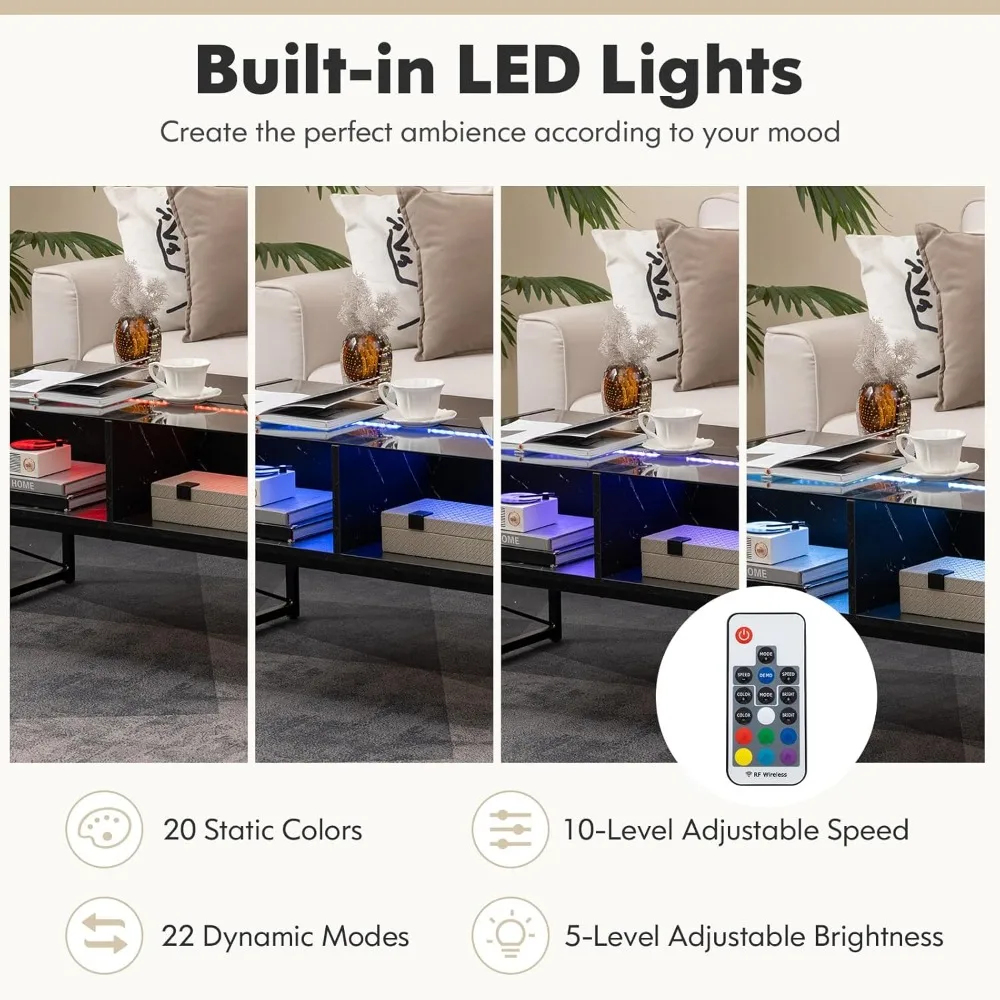 LED Coffee Table, High Gloss Coffee Tables with 4 Storage Cubes, 20-Color Lights, Remote Control, Faux Marble & Tempered