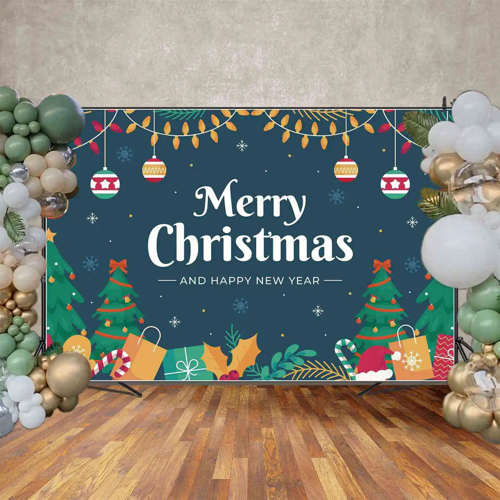 MOON.QG fondale buon natale Banner Baby Party Decoration sfondo Kid Gift Hat foglie di pino Blue Snowflake Sky Photo Booth