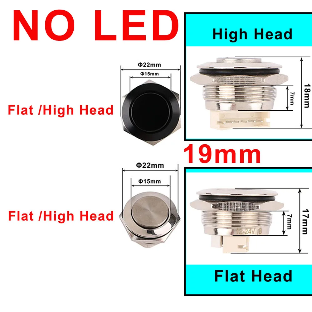 19mm Ultra Short Metal Push Button Switch With Wire Momentary Reset NO LED Light Flat/High Head Green Blue Red Black Body